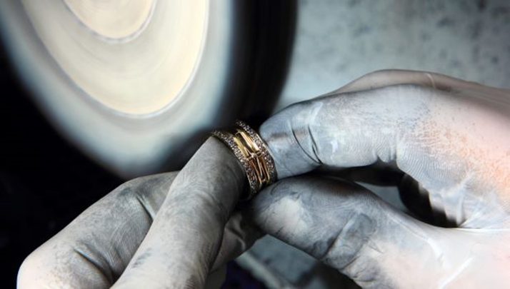 Ring being polished on the wheel